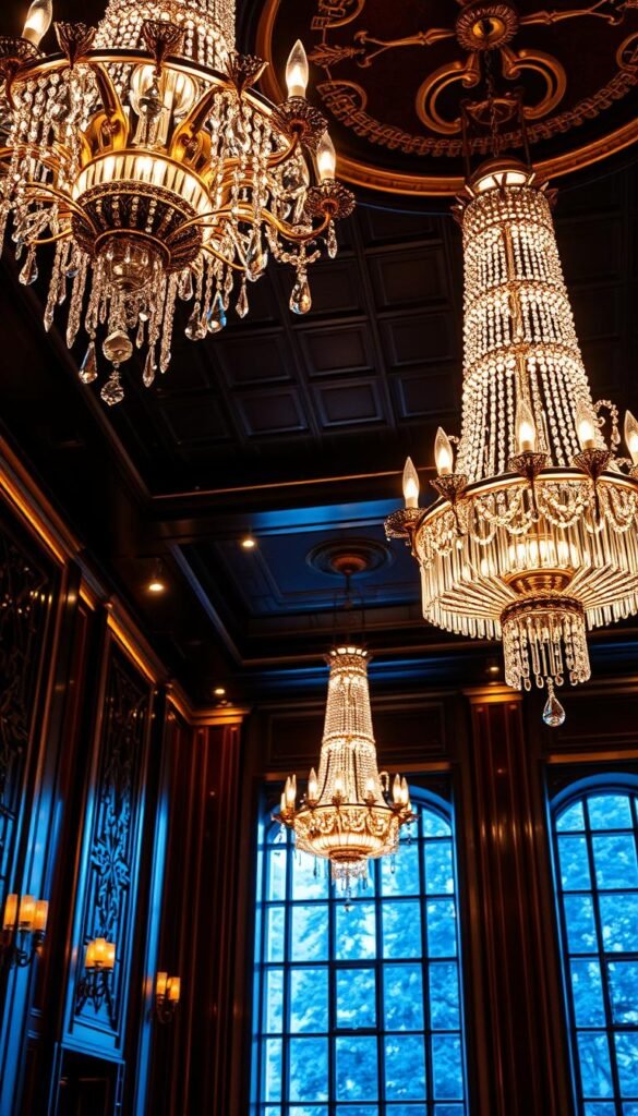 An opulent interior space bathed in dramatic, theatrical lighting. In the foreground, a pair of grand, eye-catching chandeliers with cascading crystal prisms that catch the light, casting a shimmering glow across the room. In the middle ground, walls adorned with metallic and mirrored accents that amplify the luminosity, creating a glamorous, lustrous ambiance. In the background, a high-ceilinged room with towering windows, allowing natural light to spill in and mingle with the artificial illumination for a captivating, cinematic effect. The overall mood is one of sophistication, elegance, and a touch of Hollywood-inspired glamor.