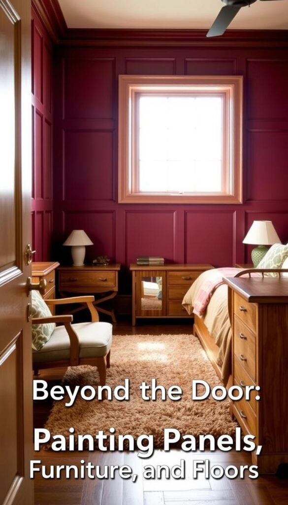 Bedroom interior with vibrant painted panels and furniture. A warm, cozy atmosphere with soft lighting from a large window. The panels are painted in a deep, rich burgundy color, complemented by wooden furniture pieces in a natural finish. A plush area rug in earthy tones anchors the room. The furniture includes a king-sized bed, a matching dresser, and a comfortable armchair. The scene conveys a sense of relaxation and personalized style, perfect for the "Beyond the Door: Painting Panels, Furniture, and Floors" section of the article.