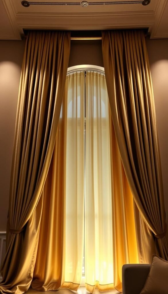 Ceiling-to-floor pleated drapery in a luxurious shimmering satin fabric, elegantly cascading from a gold curtain rod. Dramatic, billowing window treatments that frame a tall, arched window, flooding the room with warm, natural light. Soft, atmospheric lighting casts a glowing, ambient luminance, highlighting the subtle sheen and lush texture of the fabric. A high-end, tailored look that adds height and grandeur to the modern, glamorous living space.