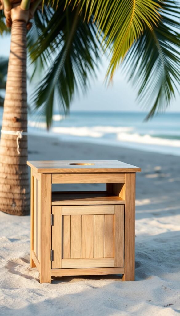 Coastal side table with storage, handcrafted from light oak wood, placed on a sandy beach with a gentle ocean breeze. The tabletop features a subtle wave pattern and a center cutout that allows sunlight to filter through. Beneath the top, a spacious storage compartment with a hinged door provides ample space for magazines, books, or coastal decor. Soft, diffused lighting illuminates the scene, creating a warm and inviting atmosphere. The side table is positioned against a backdrop of swaying palm trees, their fronds gently rustling, and the distant sound of lapping waves completes the serene, beachy ambiance.