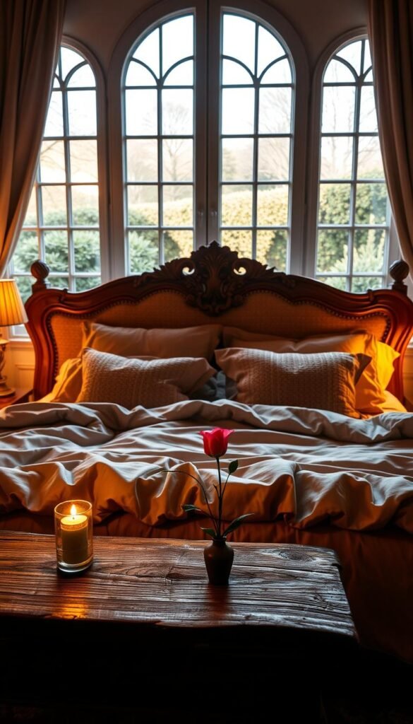 Couples bedroom sanctuary, a cozy and intimate oasis. Plush bedding in soft, muted tones, textured throw pillows, and a luxurious silk duvet. Warm, golden lighting from a pair of bedside lamps casting a romantic glow. In the foreground, a rustic wooden nightstand with a single fresh-cut flower in a bud vase. The middle ground features a large, ornate headboard, its intricate carved details reflecting the warm light. In the background, a pair of tall, arched windows overlooking a tranquil garden, filtering in soft, diffused natural light. The overall atmosphere is one of relaxation, comfort, and a sense of retreat from the outside world.