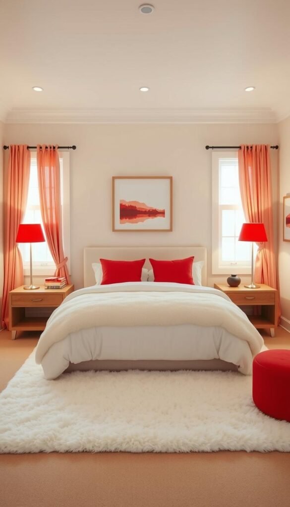 Cozy and inviting creamy white bedroom with warm, soft lighting, plush textiles, and subtle red accents. A large, comfortable bed with fluffy bedding and red throw pillows takes center stage. Sleek wooden nightstands on either side hold lamps with red shades, casting a gentle glow. Delicate red curtains frame the windows, allowing natural light to filter in. Minimal, modern artwork in red tones hangs on the walls, complementing the overall color scheme. Plush white area rug and a small red ottoman complete the harmonious, relaxing atmosphere.