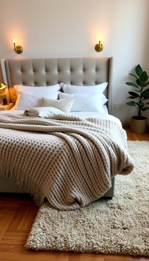 Cozy bedroom essentials: a plush, oversized knit throw blanket draped invitingly over the foot of a large, tufted headboard bed, surrounded by fluffy white pillows. Soft, warm ambient lighting emanates from a pair of brass sconces mounted above the nightstands, casting a golden glow. The hardwood floors are covered by a shaggy, neutral-toned area rug, and a potted plant in the corner adds a touch of natural greenery. The overall atmosphere is one of comfort, relaxation, and hygge.