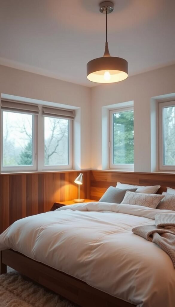 Cozy bedroom with a warm, inviting atmosphere. A modern bedside lamp illuminates the nightstand, casting a soft glow on the crisp white linens. Overhead, a sleek, minimalist pendant light fixtures hangs, providing ambient illumination. The walls are painted in a soothing neutral tone, complementing the wooden accents of the furniture. Large windows allow natural light to pour in, creating a bright and airy space. Plush area rug and textured throw pillows add depth and texture to the scene. The overall lighting scheme creates a harmonious and rejuvenating environment perfect for relaxation.