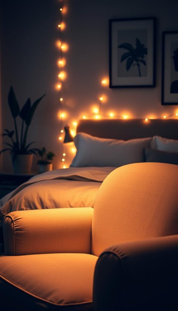 Cozy bedroom with string lights softly illuminating the space, creating a warm and inviting atmosphere. Delicate fairy lights cascading along the headboard, their warm glow reflecting off the crisp white bedding. In the foreground, a plush, oversized armchair invites relaxation, bathed in the subtle lighting. Silhouettes of plants and artwork on the walls add depth and texture to the scene. The overall mood is one of tranquility and comfort, perfect for a cozy night in.