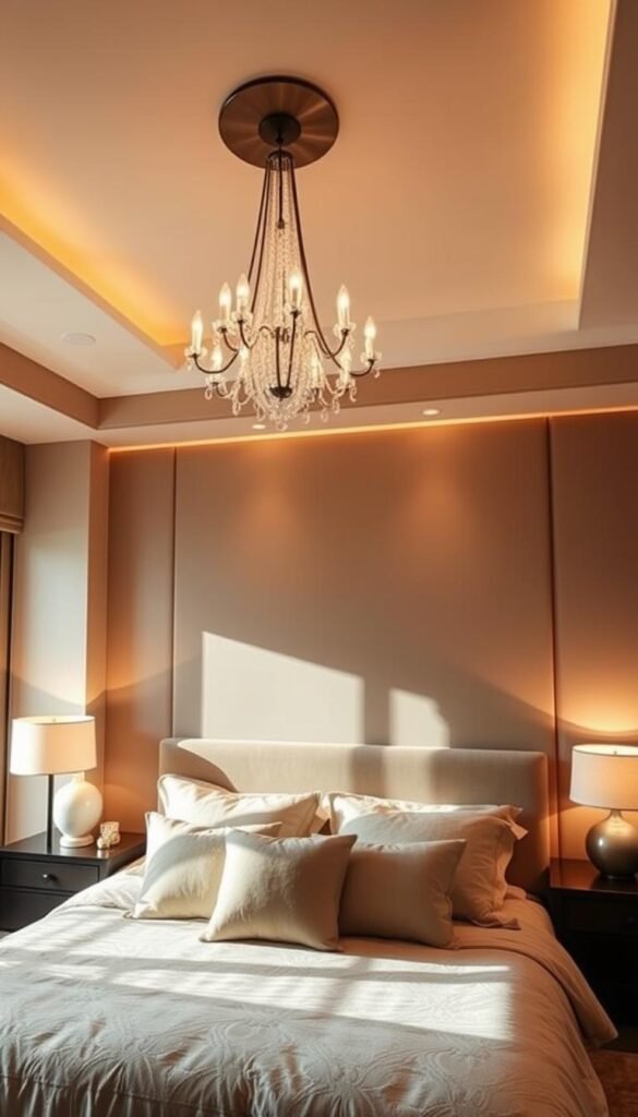 Cozy bedroom with warm, inviting lighting. Soft, ambient illumination from a modern chandelier cascades over a plush king-size bed with luxurious linens. Bedside table lamps cast a gentle glow, creating a tranquil, spa-like atmosphere. Recessed ceiling lights accentuate architectural details, while a floor lamp in the corner provides subtle, indirect lighting. Large windows allow natural daylight to filter in, creating an interplay of light and shadow. Earthy, neutral tones and natural textures throughout, evoking a sense of serenity and relaxation.