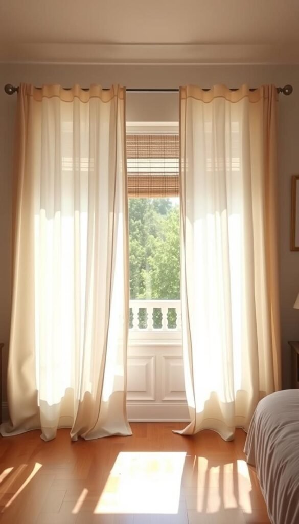 Cozy café-style half curtains frame a sun-drenched bedroom window, exuding charming privacy. Soft, gauzy panels billow gently, casting delicate patterns of light and shadow across the plush bedding and warm wooden floors. The curtains are a pale, neutral tone that blends seamlessly with the room's soothing color palette, allowing the natural light to filter in and create a relaxing, inviting atmosphere. A slight breeze ruffles the fabric, hinting at the tranquil outdoor scene beyond. The overall effect is one of effortless elegance and relaxed sophistication, perfectly complementing the cozy, intimate ambiance of the space.