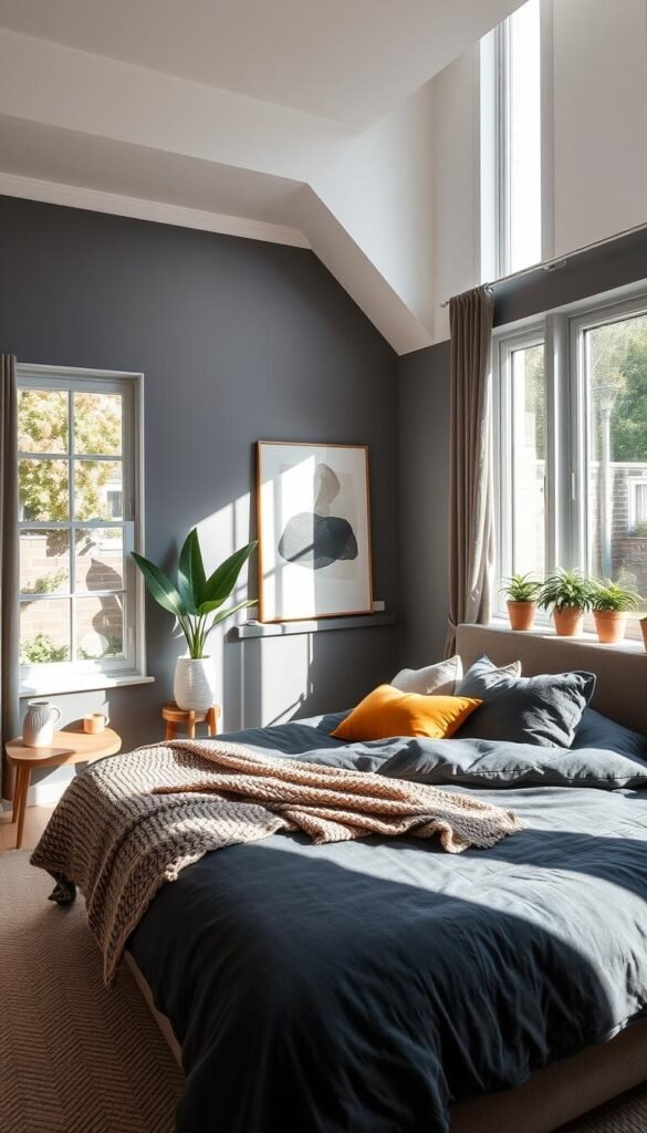 Cozy gray bedroom with warm accent colors, soft natural lighting, and a touch of greenery. A large king-size bed with plush charcoal gray bedding takes center stage. Layered textures in the form of a knit throw blanket and accent pillows in shades of sage, mustard, and blush add visual interest. Tall windows allow sunlight to pour in, casting a serene glow over the space. A small wood side table and mid-century modern nightstand provide functional storage. Lush potted plants on the windowsill and a piece of abstract wall art complete the calming, harmonious scene. Cozy gray bedroom with warm accent colors, soft natural lighting, and a touch of greenery. A large king-size bed with plush charcoal gray bedding takes center stage. Layered textures in the form of a knit throw blanket and accent pillows in shades of sage, mustard, and blush add visual interest. Tall windows allow sunlight to pour in, casting a serene glow over the space. A small wood side table and mid-century modern nightstand provide functional storage. Lush potted plants on the windowsill and a piece of abstract wall art complete the calming, harmonious scene.
