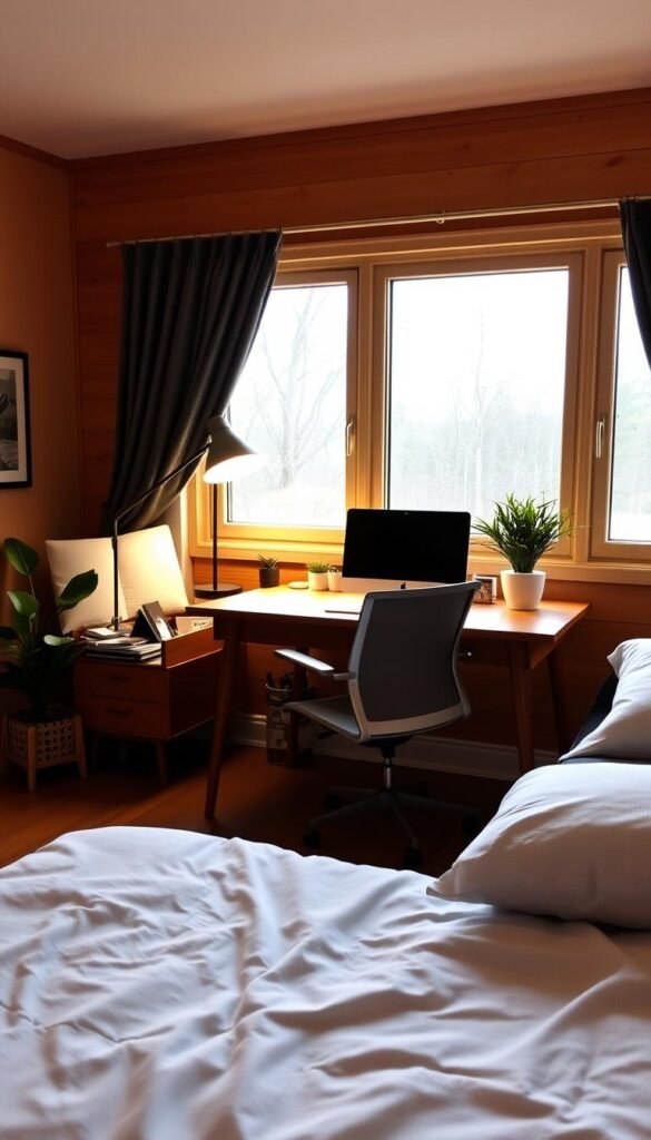 Cozy guest room with a dedicated workspace setup. A warm, inviting space with a mid-century modern wooden desk, ergonomic chair, and minimal decor. Soft lighting from a floor lamp casts a gentle glow, creating a calm, focused atmosphere. Large windows allow natural light to filter in, illuminating the room. Plush bedding, a potted plant, and a few carefully curated accessories add personal touches. The setup is designed to provide remote guests with a productive and comfortable place to work during their stay.