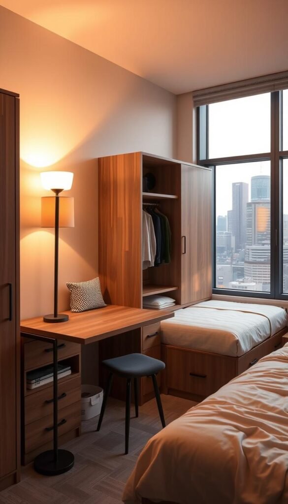 Cozy multifunctional bedroom furniture arranged in a small, well-lit room. In the foreground, a modular storage unit with built-in shelves, drawers, and hanging rods for clothes. A transforming table-bed hybrid sits adjacent, its surface doubling as a desk. Warm ambient lighting from a floor lamp casts a soft glow, while a large window in the background overlooks a city skyline. The overall atmosphere is one of efficient, space-saving design that maximizes the limited square footage, creating a harmonious and functional living space.
