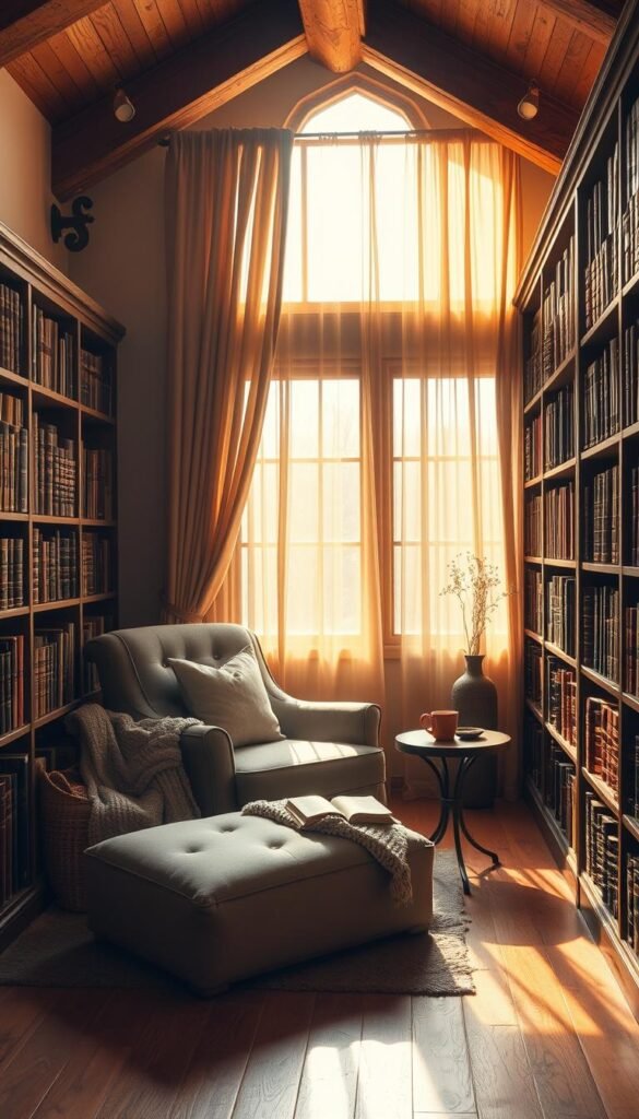 Cozy reading nook with plush armchair and ottoman nestled in a sun-drenched corner. Warm wood floors and exposed beams create a rustic, inviting ambiance. Bookshelves line the walls, overflowing with leather-bound tomes. Soft golden lighting filters through sheer curtains, casting a gentle glow. A small side table holds a steaming mug and a well-worn novel. Throw pillows and a knit blanket invite curling up for hours of peaceful solitude. Inviting and tranquil, this intimate space beckons the reader to retreat from the world and get lost in the pages.