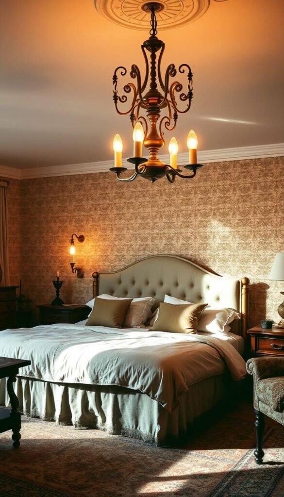 Cozy vintage bedroom with a warm, glowing ambiance. Soft, diffused light emanates from a statement chandelier overhead, casting a gentle glow across the space. Ornate brass fixtures with tapered candle-style bulbs hang low, illuminating a plush, tufted headboard and linen-draped nightstands. Antique wooden furniture, thick rugs, and textured fabrics create a timeless, lived-in feel. Shadows dance across the walls, highlighting the texture of the wallpaper. A sense of tranquility and old-world charm pervades the scene, transporting the viewer to a bygone era.