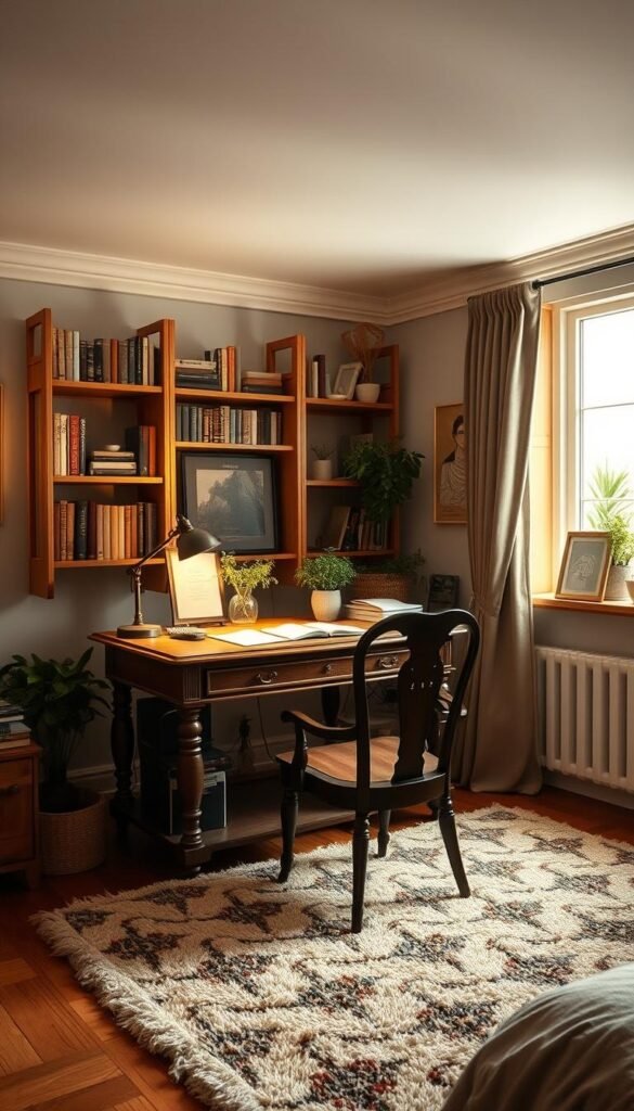 Cozy vintage-inspired desk setup in a bedroom interior. Antique wooden desk and chair in the foreground, adorned with a table lamp, potted plant, and scattered office supplies. Plush area rug and curtains in muted tones create a warm, inviting atmosphere. Soft directional lighting from a large window casts a gentle glow across the scene. Bookshelves and artworks line the walls, conveying a sense of intellectual charm. The overall mood is one of nostalgic elegance, perfect for a serene and productive workspace.
