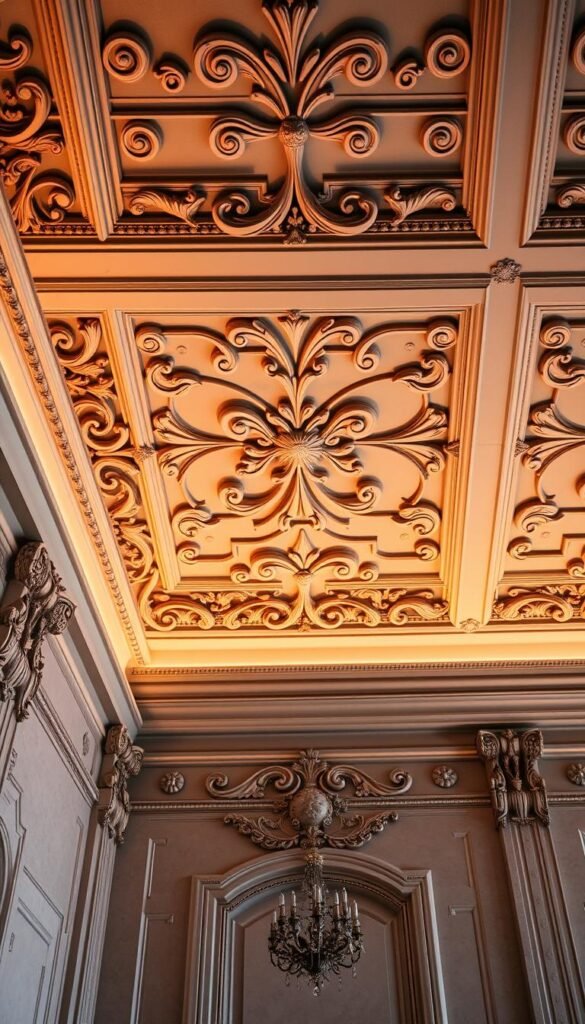 Detailed architectural crown molding in a grand, opulent style. Intricate patterns and ornate flourishes cast in warm, golden light. Elegant symmetry and ornamental flourishes adorn the upper walls, evoking a sense of grandeur and luxury. The molding is captured from a low, up-close angle, highlighting the depth and dimension of the design. A slight vignette effect subtly frames the composition, drawing the eye to the center. The overall mood is one of refined sophistication and timeless elegance.