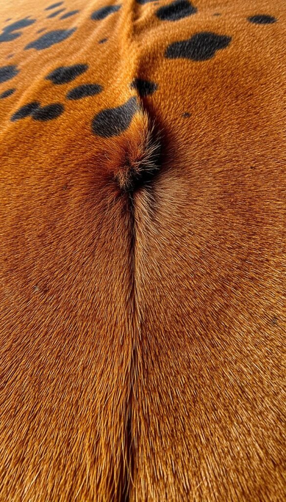 Detailed close-up of a lush, high-quality cowhide rug texture. The hide has a rich, warm tan color with darker mottled patterns. The surface appears soft, supple, and slightly uneven, capturing the natural characteristics of the hide. Striking contrast between the smooth, velvety foreground and the slightly raised hair strands in the middle ground. Subtle sheen from gentle lighting illuminating the textural details. Crisp focus and clean, neutral background to emphasize the tactile nature of the material. Conveys a sense of rustic sophistication and earthy elegance.