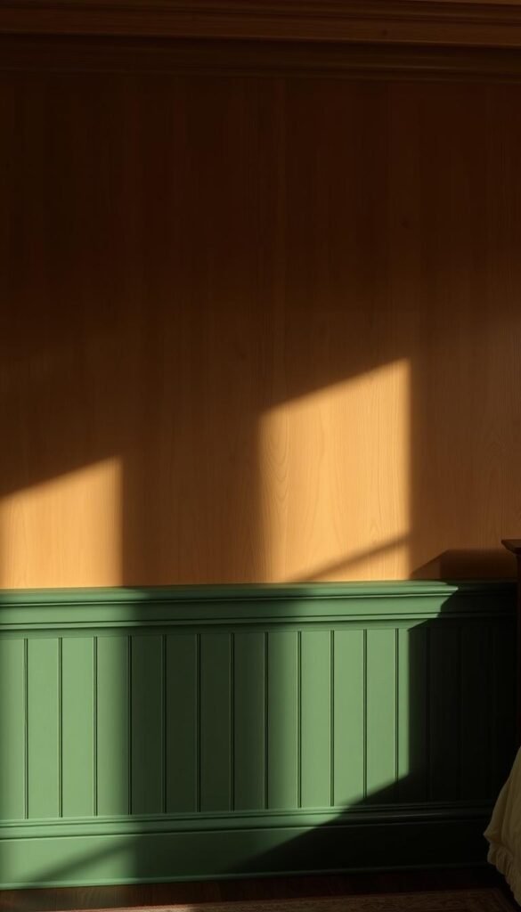 Detailed image of a green wainscoted shiplap wall in a warm, inviting bedroom setting. The wainscoting is painted in a lush, earthy green tone that complements the natural wood grain of the shiplap above. Soft, indirect lighting creates a cozy, atmospheric ambiance, casting gentle shadows that add depth and texture to the wall. The arrangement features a classic, elegant design with clean, defined lines and a rustic, farmhouse-inspired aesthetic. The wall serves as a beautiful, character-rich backdrop, seamlessly blending natural elements with the room's overall decor. Detailed image of a green wainscoted shiplap wall in a warm, inviting bedroom setting. The wainscoting is painted in a lush, earthy green tone that complements the natural wood grain of the shiplap above. Soft, indirect lighting creates a cozy, atmospheric ambiance, casting gentle shadows that add depth and texture to the wall. The arrangement features a classic, elegant design with clean, defined lines and a rustic, farmhouse-inspired aesthetic. The wall serves as a beautiful, character-rich backdrop, seamlessly blending natural elements with the room's overall decor.