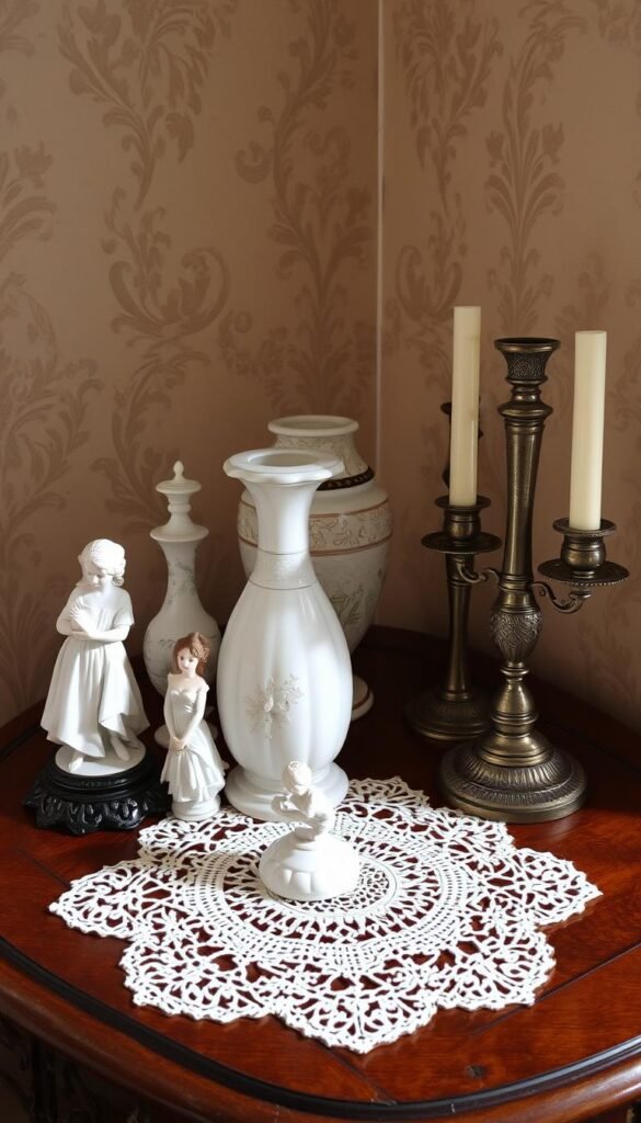 Elegant Victorian-inspired decorative accessories arranged on a ornate wooden table. Delicate porcelain figurines, intricately patterned vases, tarnished silver candlesticks, and a lace-trimmed doily create a refined, antique-inspired still life. Soft, warm lighting casts gentle shadows, enhancing the vintage feel. The accessories are placed against a backdrop of ornate wallpaper in a muted, neutral color palette. An overall sense of timeless sophistication and old-world charm pervades the scene.