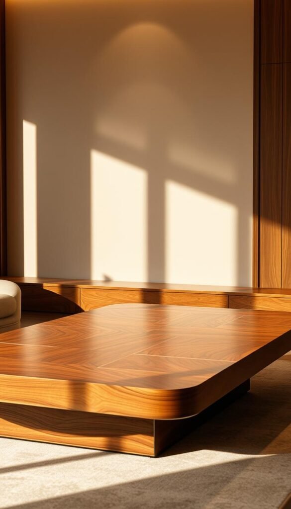 Elegant and luxurious center table with a smooth, glossy surface in a warm, inviting color palette. The table is bathed in soft, directional lighting, highlighting the intricate wood grain and subtle textures. A sense of depth and dimension is created through carefully placed highlights and shadows, giving the table a refined, high-end aesthetic. The tabletop reflects the warm glow of the lighting, creating a cozy, sophisticated atmosphere perfect for a luxury living room setting.
