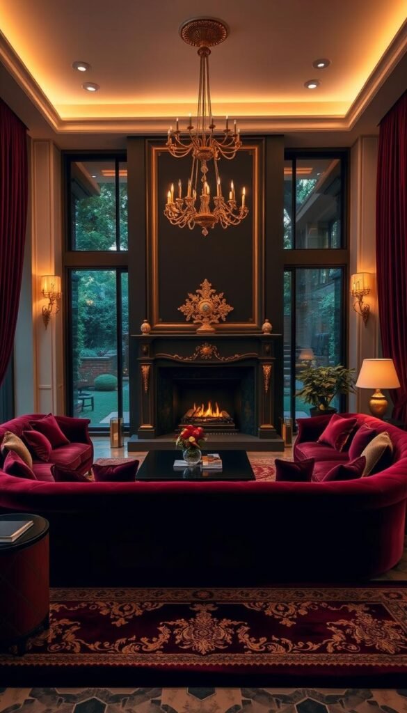 Elegant and opulent luxury living room with plush velvet sofas in deep burgundy, accented by gold-toned metallic details. Soft ambient lighting creates a warm, romantic atmosphere, with a large ornate fireplace as the centerpiece. Lush textiles in rich jewel tones, including a sumptuous area rug and flowing curtains, frame the space. A large window overlooks a private garden, blurring the lines between indoors and out. The room exudes an air of exclusivity and intimate retreat, perfect for a romantic evening.