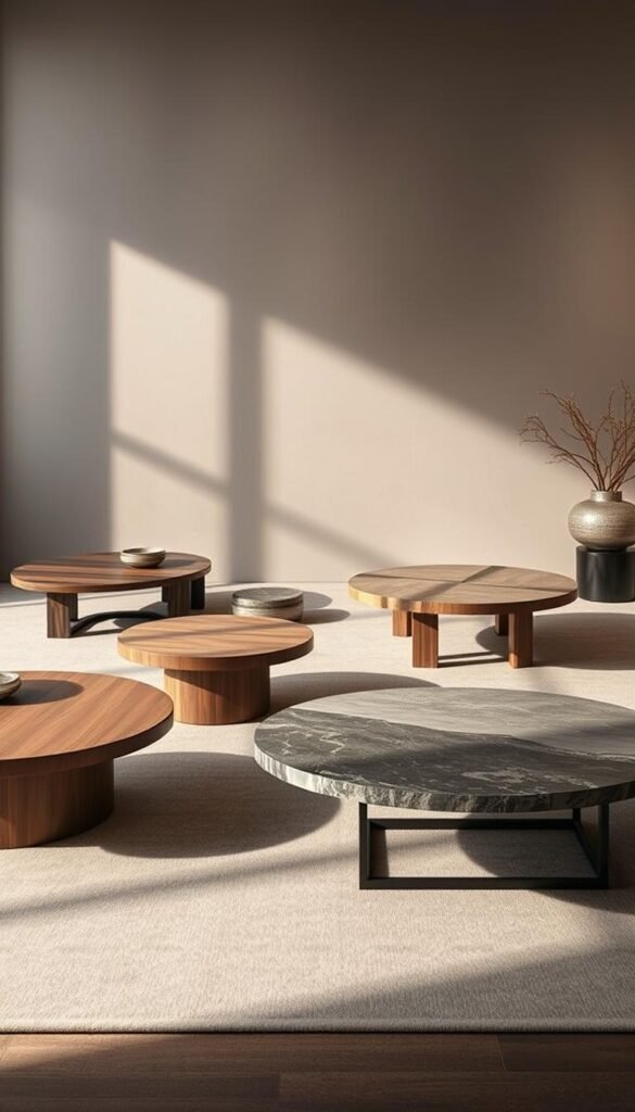 Elegant and sophisticated luxury coffee table selection guide, showcasing a curated collection of high-end, artisanal coffee tables against a soft, diffused lighting setup. Warm, inviting atmosphere with muted color tones and natural textures such as polished wood, brushed metal, and natural stone. Tables are presented in a clean, minimalist arrangement, allowing their intricate designs and premium materials to be the focal point. Dramatic shadows and reflections create depth and visual interest, while a sense of refinement and exclusivity pervades the scene. Crisp, high-resolution image captured with a wide-angle lens to capture the full grandeur of the luxurious coffee table display.