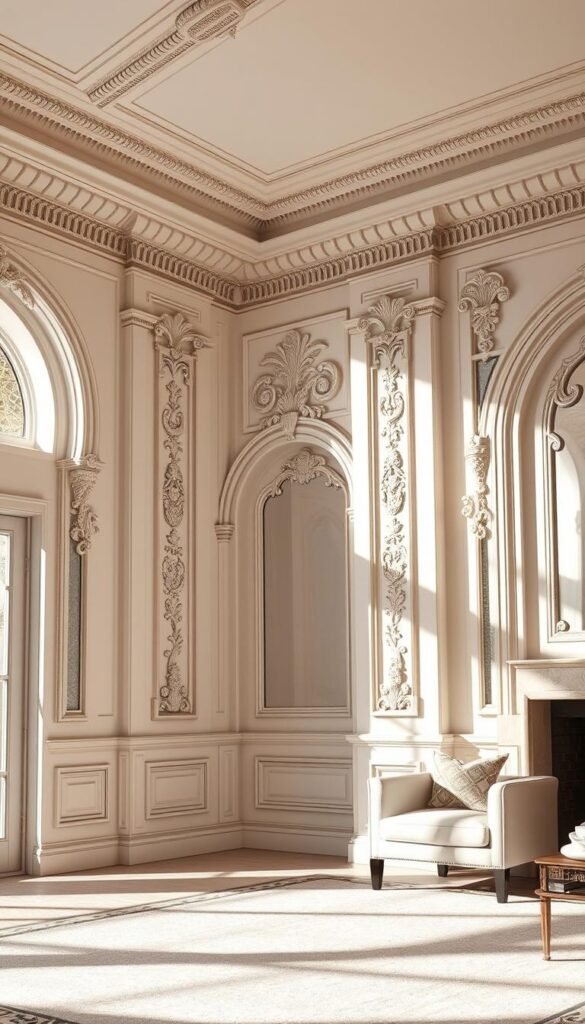 Elegant architectural wall molding in a luxurious living room setting. Ornate, intricate molding designs adorning the walls, with subtle lighting accentuating the depth and texture. Soft, neutral color palette creating a warm, inviting ambiance. Rays of natural light from large windows casting gentle shadows, adding depth and dimension. High-quality materials such as plaster, wood, or decorative trim meticulously crafted. Carefully composed angles and perspectives to showcase the molding's architectural beauty. Minimal, tasteful decor complementing the molding's ornate elegance. Overall, a refined, sophisticated atmosphere that embodies modern glam luxury living.