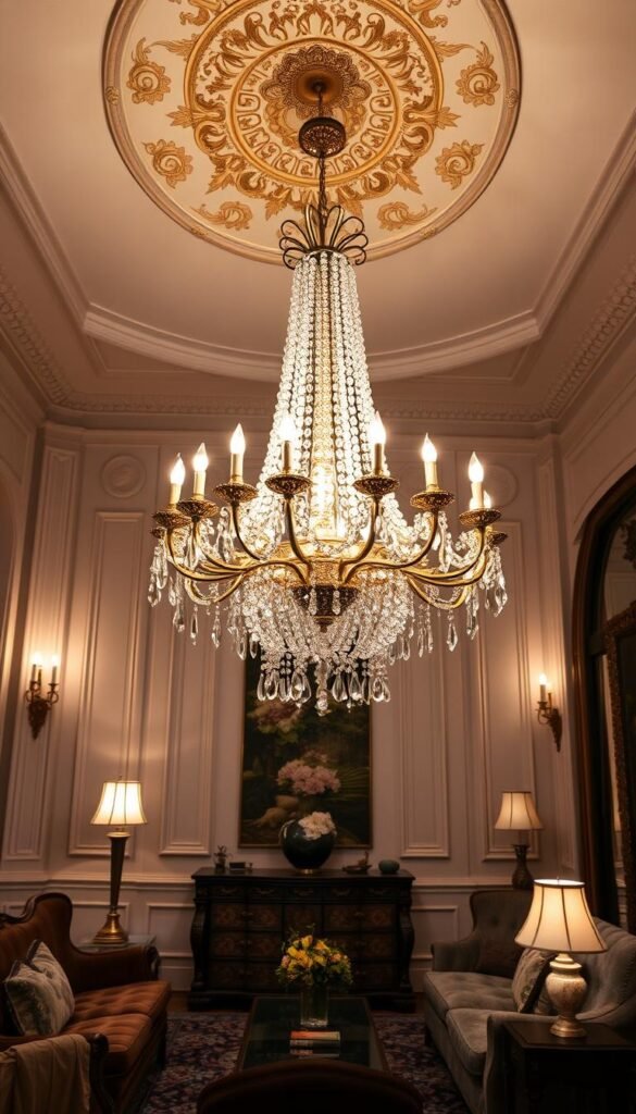 Elegant, crystal chandelier with cascading glass drops, illuminating a grand, high-ceilinged living room. Plush velvet furniture, ornate moldings, and a Persian rug create a sophisticated, timeless ambiance. Soft, warm lighting from the fixture casts a gentle glow, highlighting the room's architectural details. The chandelier is the centerpiece, suspended from an ornate, gilded ceiling medallion. Additional sconces and table lamps provide balanced, layered illumination. The overall scene exudes an air of refined luxury and classic elegance.