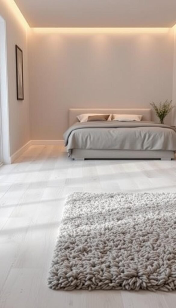 Elegant grey and white bedroom flooring with a plush, textured rug as the focal point. The floor is a mix of smooth, light grey tiles and white hardwood planks, creating a sophisticated, harmonious pattern. The area rug features a soft, shaggy texture in a tranquil, muted grey tone, grounding the space and adding visual interest. Indirect lighting casts a warm, cozy glow, accentuating the natural tones and textures. The overall atmosphere is one of serene sophistication, perfectly suited for a restful, modern bedroom retreat.
