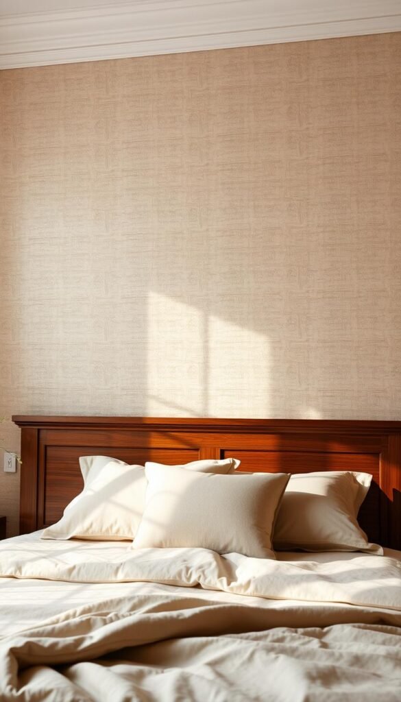 Elegant wall treatments in a cozy bedroom setting. Soft textured wallpaper in muted earthy tones, with delicate embossed patterns that catch the gentle side lighting. A stately wood-framed headboard in a rich walnut hue provides a sturdy focal point, complemented by plush bedding in complementary neutral shades. The overall mood is one of refined simplicity, creating a serene and inviting ambiance perfect for a restful retreat.