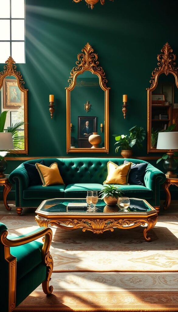 Emerald green velvet sofa with plush gold accent pillows, set against a backdrop of ornate gold-framed mirrors and sconces. Sunlight streams through large windows, casting a warm glow over the space. Ornate gold-leafed coffee table and side tables complement the rich, jewel-toned color scheme. Lush potted plants and a luxurious gold-trimmed area rug complete the sophisticated, statement-making living room design. High-contrast lighting and a slightly wide-angle camera perspective emphasize the grandeur and opulence of this bold, luxurious space.