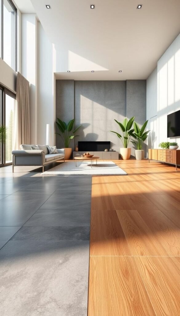 Expansive living room featuring a side-by-side tile flooring comparison. Sunlight streams in through large windows, illuminating a plush rug and modern furniture in the foreground. In the middle ground, two distinct tile patterns are displayed - sleek grey porcelain tiles on the left, and warm wood-look ceramic tiles on the right. The background showcases tall potted plants and a feature wall, creating a serene, high-end ambiance. The tiles are captured at an angle, allowing viewers to appreciate their textures, colors, and how they complement the overall living space design. Soft, even lighting accentuates the tiles' nuanced details and highlights their visual contrast.