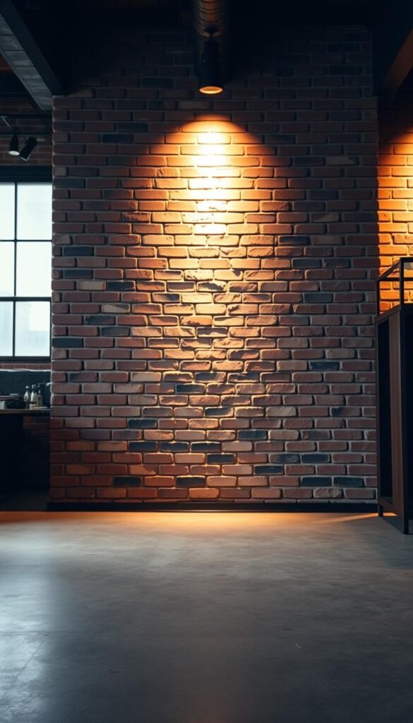 Exposed brick wall in an industrial-style loft setting, illuminated by warm, directional lighting from the side. The bricks have a weathered, textured appearance, with hints of grout and variations in color. The wall occupies the middle ground, with a clean, minimalist foreground and a slightly blurred, atmospheric background suggesting the rest of the loft space. The overall mood is one of understated elegance and authentic character, capturing the essence of a modern industrial living room.