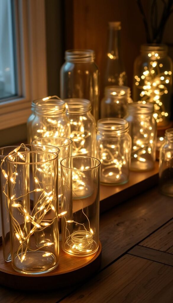 Fairy lights gently illuminate a cozy tableau of glass vases and jars on a rustic wooden table. The warm glow casts a soft, magical ambiance, illuminating the delicate textures of the containers. In the foreground, a cluster of cylindrical vases hold strings of twinkling lights, their reflections sparkling on the glass surfaces. In the middle ground, a grouping of bell jars stand tall, their round shapes casting intriguing shadows. The background features additional jars and vases, some filled with fairy lights, others left empty to showcase their simple, elegant forms. The overall scene exudes a sense of calm, intimate wonder, perfect for adding a touch of enchantment to any bedroom.