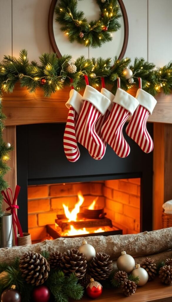 Farmhouse-style mantel decor with a cozy Christmas feel. A rustic, wooden mantelpiece is adorned with lush garlands of fresh pine, accented with twinkling white fairy lights. Hanging from the mantel are several classic red and white striped stockings, each one embellished with a subtle holiday motif like a snowflake or reindeer. The mantel is illuminated by the soft, warm glow of a crackling fireplace, casting a inviting amber hue throughout the space. In the foreground, a collection of natural elements like pinecones, birch logs, and vintage-inspired ornaments add texture and depth. The overall scene evokes a sense of nostalgic charm and seasonal wonder.