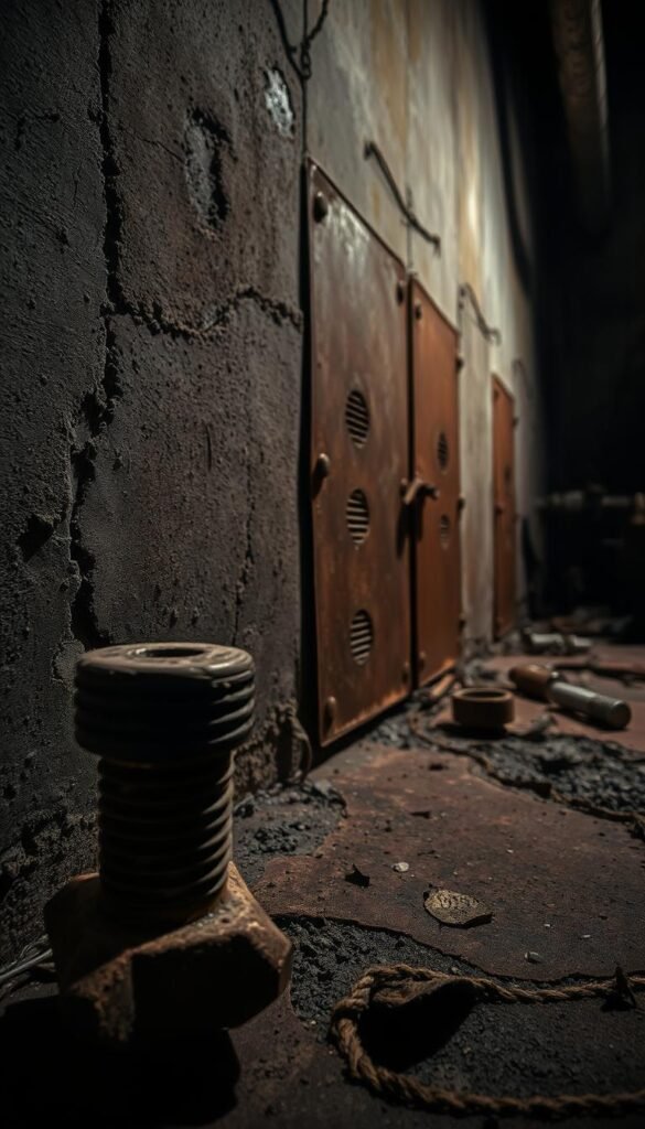 Grunge textures and materials: an aged concrete wall, weathered metal panels, distressed leather, and a scattering of industrial detritus. Dim lighting casts deep shadows, creating a moody, atmospheric ambiance. The foreground features a close-up of a rusted bolt, its surface pitted and oxidized. In the middle ground, the concrete wall reveals a network of cracks and stains, while the metal panels display a patina of wear. The background hints at discarded machinery and abandoned machinery, further reinforcing the gritty, industrial vibe. The overall composition evokes a sense of decay, imperfection, and raw, unpolished character - the perfect backdrop to showcase a grunge-inspired bedroom.