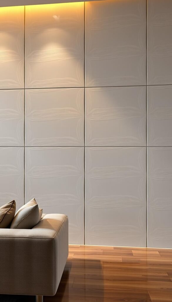 High-gloss, seamless wall panels in a luxurious living room setting. Flawless reflective surfaces, subtly textured with a hint of linear patterns, creating an elegant, contemporary atmosphere. Warm, directional lighting accentuates the sheen and depth of the panels, casting soft shadows that add depth and dimension. The panels are mounted flush against the walls, creating a sleek, minimalist aesthetic. A neutral color palette of greys, whites, and soft metallics, exuding a sense of refined sophistication. The overall composition evokes a feeling of refined luxury, perfect for a high-end living space.