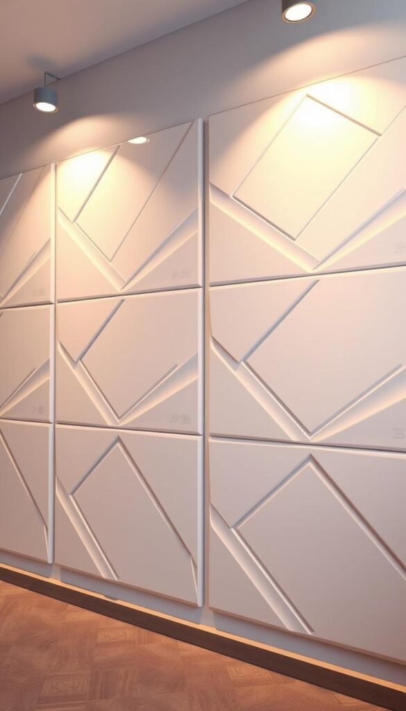 High-quality 3D contemporary wall panels with a sleek and minimalist design, illuminated by warm overhead lighting casting soft shadows. The panels feature a geometric, low-poly pattern with clean lines and sharp edges, creating a striking visual effect. The scene is captured from a slightly elevated angle, emphasizing the depth and texture of the panels. The background is a simple, neutral-colored surface, allowing the panels to take center stage and showcase their modern, sophisticated appeal.
