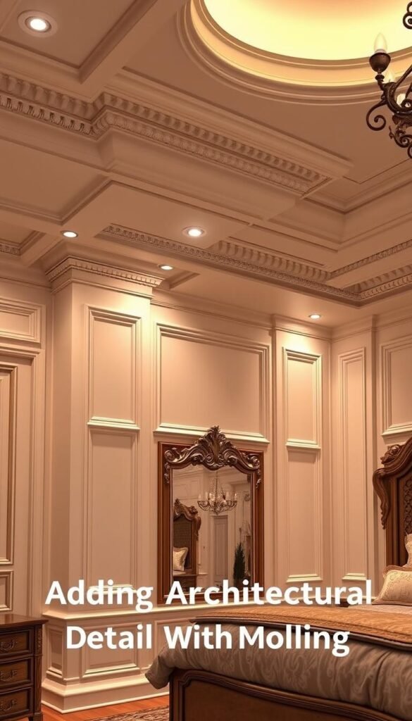 Highly detailed architectural molding in a luxurious primary bedroom, featuring intricate crown molding, ornate baseboards, and elegant chair rail accents. The scene is bathed in warm, soft lighting from recessed fixtures, creating a cozy, inviting atmosphere. The molding is rendered with exceptional realism, showcasing the fine craftsmanship and attention to detail. The composition emphasizes the architectural elements, capturing their beauty and the way they contribute to an overall sense of refined elegance. The image conveys a sense of timeless sophistication, perfectly suited to illustrate the "Adding Architectural Details With Molding" section of the article. Highly detailed architectural molding in a luxurious primary bedroom, featuring intricate crown molding, ornate baseboards, and elegant chair rail accents. The scene is bathed in warm, soft lighting from recessed fixtures, creating a cozy, inviting atmosphere. The molding is rendered with exceptional realism, showcasing the fine craftsmanship and attention to detail. The composition emphasizes the architectural elements, capturing their beauty and the way they contribute to an overall sense of refined elegance. The image conveys a sense of timeless sophistication, perfectly suited to illustrate the "Adding Architectural Details With Molding" section of the article.
