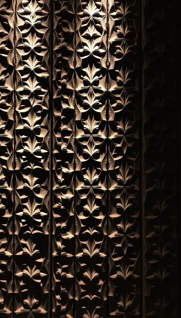 Intricate, textured wall panels with a depth and dimension that commands attention. A high-contrast, chiaroscuro lighting setup accentuates the sculpted, geometric patterns, creating a captivating interplay of shadow and light. The panels have a luxurious, handcrafted quality, with subtle variations in the surface textures that add visual interest. A muted, earthy color palette of rich browns, grays, and subtle metallic accents conveys a sense of refined elegance. The image is captured from a low, slightly angled perspective to emphasize the imposing, architectural presence of the wall panels, creating a striking focal point for a luxurious living room space.