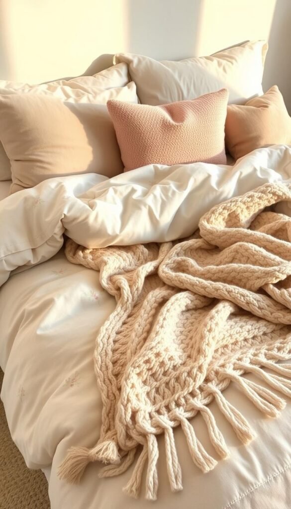 Layered bedding in a cozy, neutral-toned bedroom. Plush, soft textiles in shades of beige, ivory, and light gray create a serene, inviting atmosphere. A down comforter with a delicate floral pattern is topped with a chunky knit throw blanket, adding dimension and visual interest. Accent pillows in complementary hues and textures adorn the bed, inviting the viewer to sink into its comforting embrace. Warm, diffused lighting casts a gentle glow, highlighting the natural textures and creating an atmosphere of relaxation. The scene is captured from a slightly elevated angle, showcasing the well-curated layers of the bedding setup.