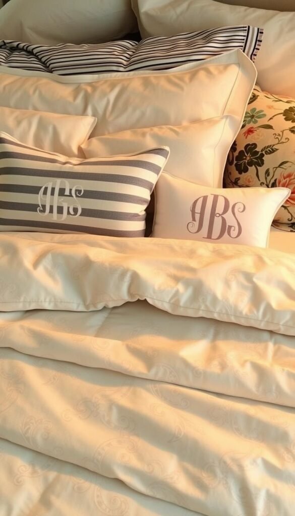 Layered bedding with an elegant mix of patterns and monograms, bathed in warm, diffused lighting. A plush duvet cover in a subtle paisley print, complemented by striped and floral accent pillows. The crisp, white percale sheets are adorned with an understated monogram, adding a touch of refined sophistication. The textiles are arranged in a harmonious, visually compelling composition, creating a cozy, inviting atmosphere. The camera captures the scene from a slightly elevated angle, highlighting the carefully curated layering and attention to detail that defines the preppy, organized bedroom aesthetic.