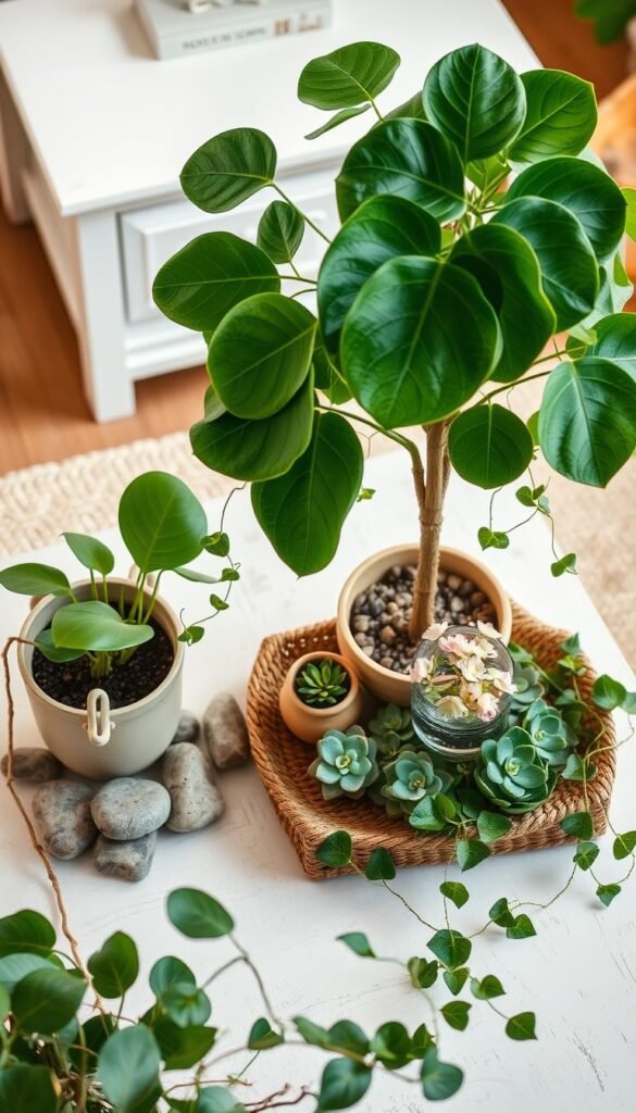 Layered coffee table decor with lush green houseplants and natural wooden accents. In the foreground, a potted fiddle-leaf fig tree with broad leaves casts soft shadows. Placed around it are smooth river stones, a ceramic planter, and a stack of artfully arranged books. In the middle ground, a woven rattan tray holds small succulents and a delicate glass vase with fresh blooms. Trailing vines spill over the edges, adding softness. The background features a whitewashed wood tabletop and a neutral-toned area rug, creating a warm, earthy ambiance. Warm, diffused lighting filters through the scene, highlighting the varied textures and tones.