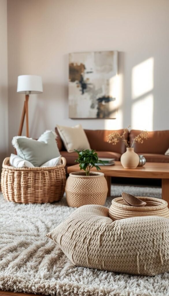 Layered textures in a neutral living room: a plush area rug, linen throw pillows, a woven basket, and a textural plant in the foreground. The middle ground features a smooth leather sofa, a wooden coffee table with a natural grain, and a ceramic vase. In the background, a wall with an abstract canvas painting creates a sense of depth and visual interest. Soft, diffused lighting from a floor lamp and natural illumination from windows gently illuminate the scene, casting subtle shadows that accentuate the varied surfaces. The overall mood is one of cozy sophistication, inviting the viewer to experience the layered details that add depth and character to the neutral decor. Layered textures in a neutral living room: a plush area rug, linen throw pillows, a woven basket, and a textural plant in the foreground. The middle ground features a smooth leather sofa, a wooden coffee table with a natural grain, and a ceramic vase. In the background, a wall with an abstract canvas painting creates a sense of depth and visual interest. Soft, diffused lighting from a floor lamp and natural illumination from windows gently illuminate the scene, casting subtle shadows that accentuate the varied surfaces. The overall mood is one of cozy sophistication, inviting the viewer to experience the layered details that add depth and character to the neutral decor.