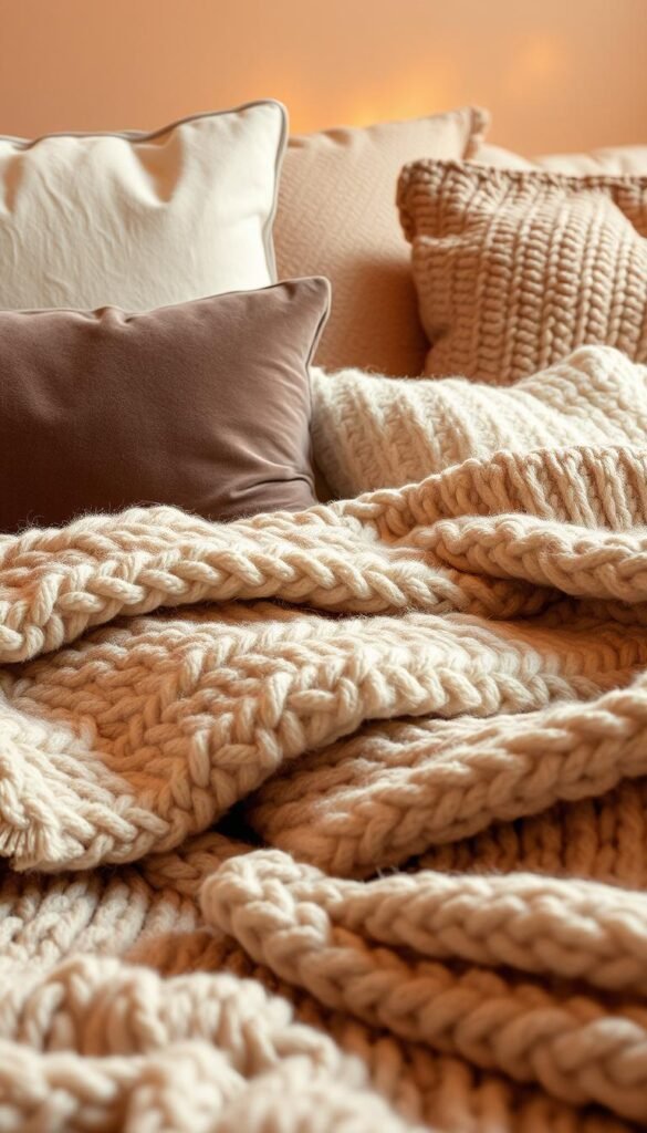 Layered textures of soft, plush fabrics in a cozy, inviting bedroom. Sumptuous velvet cushions, chunky knit throws, and fluffy rugs create a comforting, hygge-inspired ambiance. Warm, diffused lighting casts a gentle glow, highlighting the varied textures and creating a sense of depth and dimension. Textural elements are arranged in harmonious layers, seamlessly blending to evoke a serene, calming atmosphere perfect for relaxation. The scene is photographed from a low angle, emphasizing the enveloping, cocoon-like feel of the layered textiles. An intimate, inviting space that beckons you to sink in and unwind.