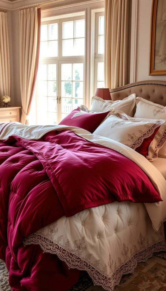 Luxurious bedding textiles in a cozy, inviting bedroom. Plush velvet and satin duvet cover in a rich burgundy hue, accented by silky smooth ivory sheets and pillowcases. Layers of soft, warm blankets in an elegant tufted pattern create a feeling of decadent comfort. Natural light streams through large windows, casting a gentle glow on the sumptuous fabrics. Intricate embroidery and delicate lace detailing add a touch of refined sophistication. The overall atmosphere evokes a sense of luxury, tranquility and indulgence, perfect for an serene and relaxing retreat. Luxurious bedding textiles in a cozy, inviting bedroom. Plush velvet and satin duvet cover in a rich burgundy hue, accented by silky smooth ivory sheets and pillowcases. Layers of soft, warm blankets in an elegant tufted pattern create a feeling of decadent comfort. Natural light streams through large windows, casting a gentle glow on the sumptuous fabrics. Intricate embroidery and delicate lace detailing add a touch of refined sophistication. The overall atmosphere evokes a sense of luxury, tranquility and indulgence, perfect for an serene and relaxing retreat.