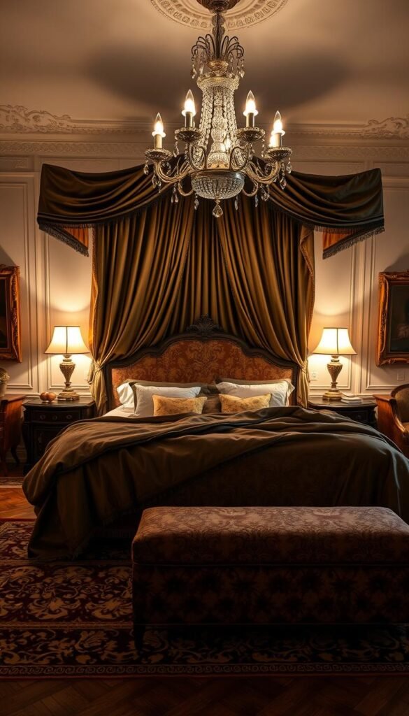 Luxurious bedroom textures: A sumptuous, velvet-draped canopy bed is the centerpiece, its intricate jacquard patterns casting rich shadows. Soft cashmere throws and satin pillows adorn the plush mattress, illuminated by the warm glow of a crystal chandelier overhead. Ornate, gilded picture frames line the walls, their intricate carvings reflecting the flickering firelight. Underfoot, a thick, Persian-style rug muffles footsteps, its intricate motifs blending seamlessly with the ornate parquet flooring. The overall effect is one of opulence and exclusivity, a space of indulgence and repose.