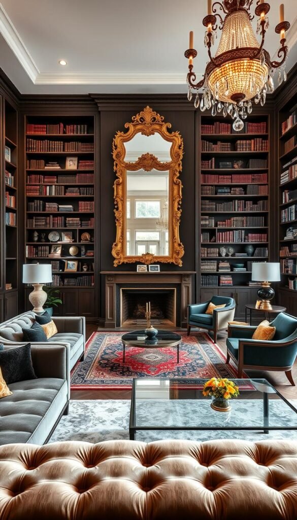 Luxurious living room showcasing a harmonious blend of distinct design styles. In the foreground, a plush velvet sofa and a sleek glass coffee table create a contemporary, high-end aesthetic. Centered on the wall, an ornate gilded mirror reflects natural light filtering through large windows, lending an air of opulence. In the middle ground, a vintage Persian rug and a mid-century modern armchair juxtapose elegantly, while a grand crystal chandelier casts a warm, ambient glow. In the background, floor-to-ceiling bookshelves filled with leather-bound volumes and decorative accents evoke an air of sophistication and intellectual refinement. Luxurious living room showcasing a harmonious blend of distinct design styles. In the foreground, a plush velvet sofa and a sleek glass coffee table create a contemporary, high-end aesthetic. Centered on the wall, an ornate gilded mirror reflects natural light filtering through large windows, lending an air of opulence. In the middle ground, a vintage Persian rug and a mid-century modern armchair juxtapose elegantly, while a grand crystal chandelier casts a warm, ambient glow. In the background, floor-to-ceiling bookshelves filled with leather-bound volumes and decorative accents evoke an air of sophistication and intellectual refinement.