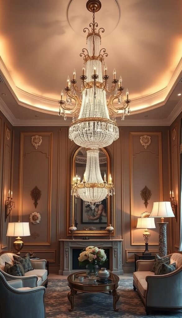 Luxurious living room with an opulent lighting design featuring a stunning crystal chandelier suspended from a high ceiling, casting a warm, ambient glow throughout the space. Elegant wall sconces and floor lamps provide additional layered illumination, highlighting ornate architectural details and plush furnishings. Soft, diffused lighting creates a cozy, inviting atmosphere, while strategically placed spotlights accentuate carefully curated art pieces and decor elements. The overall lighting scheme strikes a balance between grandeur and sophistication, elevating the space to a true masterpiece of illumination.