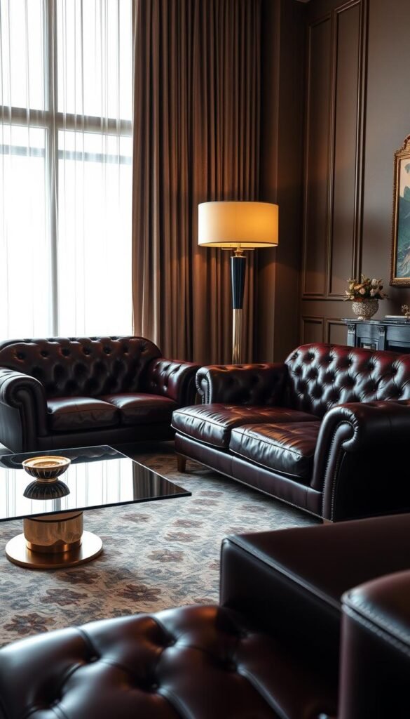 Luxurious statement furniture pieces in a high-end living room. An opulent tufted leather sofa and armchair in a deep burgundy hue, complemented by a sleek, contemporary glass-topped coffee table with a metallic base. A towering floor lamp with a rounded, geometric shade casts a warm, ambient glow. The room is bathed in soft, natural light filtering through large, curtained windows, creating a refined and sophisticated atmosphere. Luxurious statement furniture pieces in a high-end living room. An opulent tufted leather sofa and armchair in a deep burgundy hue, complemented by a sleek, contemporary glass-topped coffee table with a metallic base. A towering floor lamp with a rounded, geometric shade casts a warm, ambient glow. The room is bathed in soft, natural light filtering through large, curtained windows, creating a refined and sophisticated atmosphere.