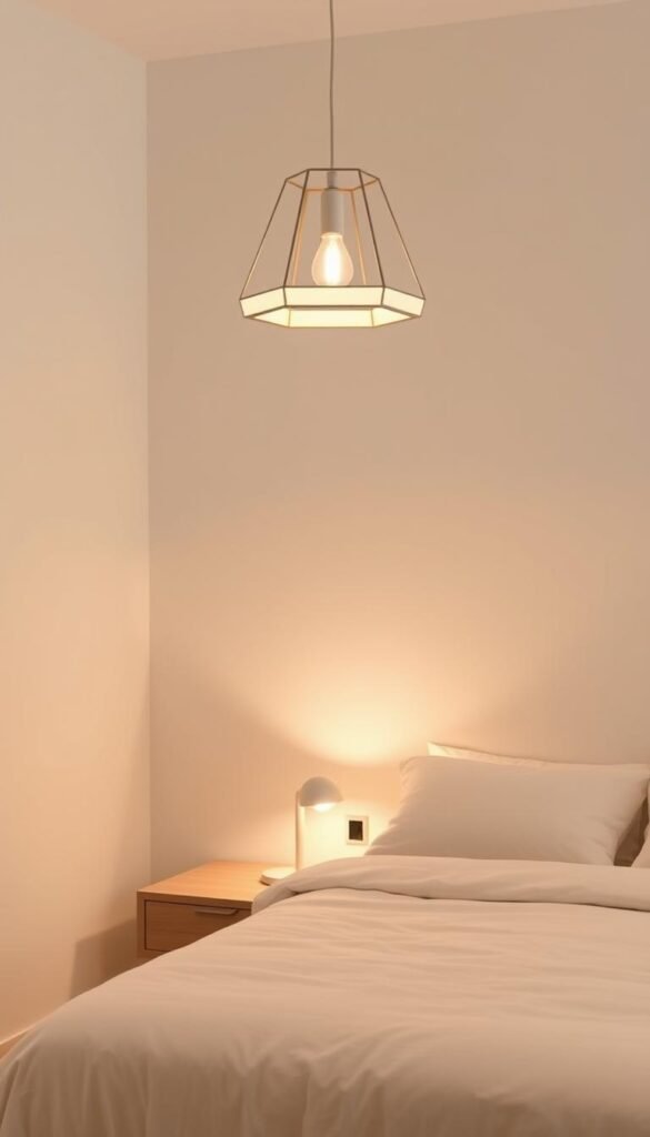 Minimalist bedroom with soft, layered lighting. A low-profile nightstand with a single minimalist table lamp casts a warm glow over a clean, crisp bedding setup. Overhead, a geometric pendant light fixture illuminates the space with a subtle, ambient light. Pale, neutral walls and natural wood tones create a calming, serene atmosphere. The lighting is positioned to highlight the clean lines and muted color palette, fostering a sense of tranquility. Captured with a wide-angle lens to showcase the balanced, harmonious design.