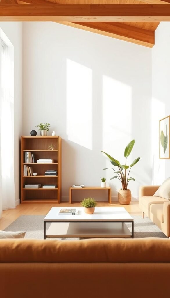 Minimalist living room with purposeful decluttering. Sunlit space with clean lines, warm wooden accents, and a sense of calm. In the foreground, neatly arranged shelves and a sleek coffee table, free of clutter. Soft white walls create a serene backdrop, while a large window floods the room with natural light. Subtle pops of greenery and a single piece of abstract art add touches of intentional decor. The overall atmosphere radiates a zen-like simplicity, inviting relaxation and focused living.